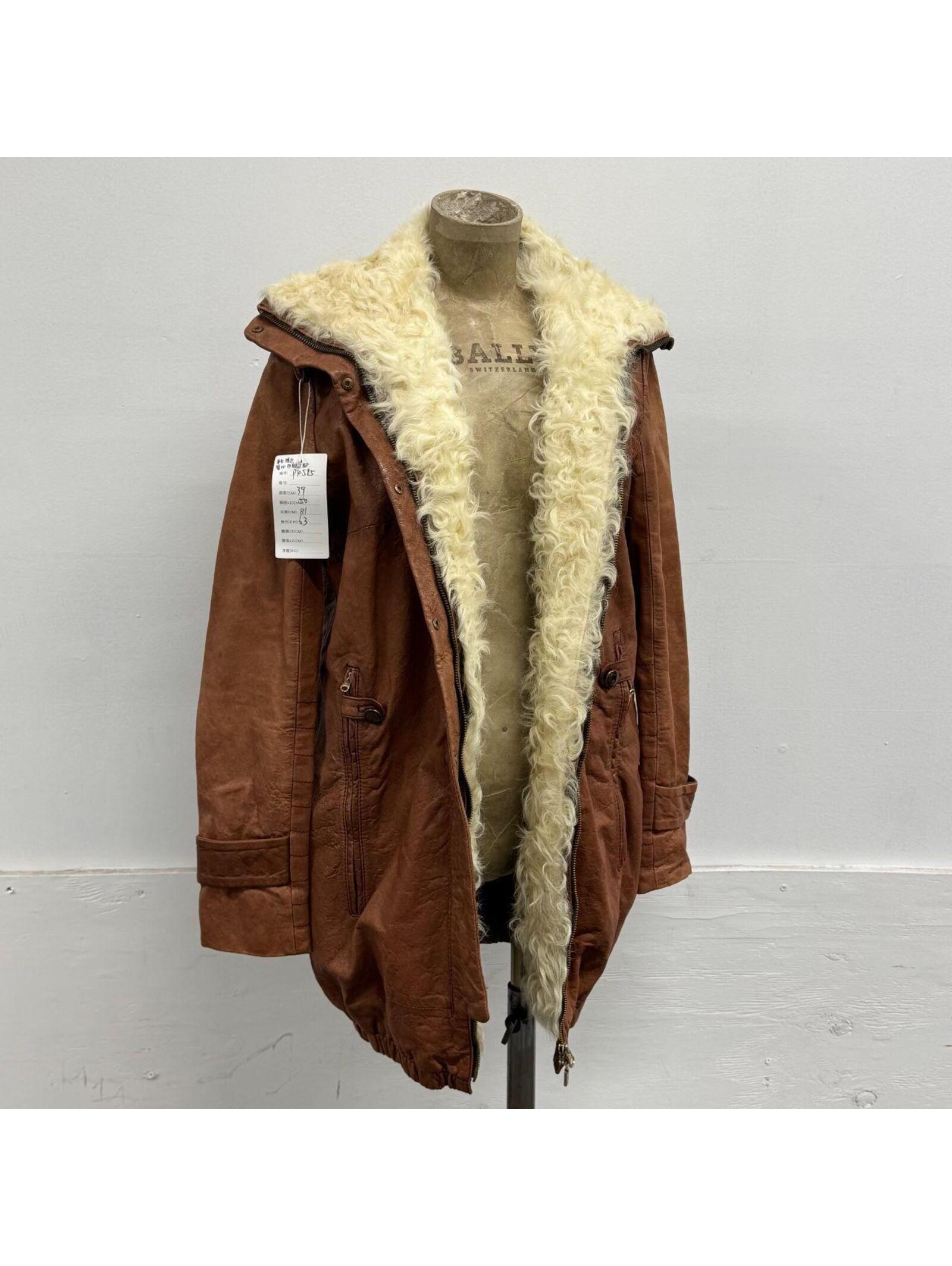 Vintage Tan Funnel Neck Shearling Lined Longline Leather Jacket